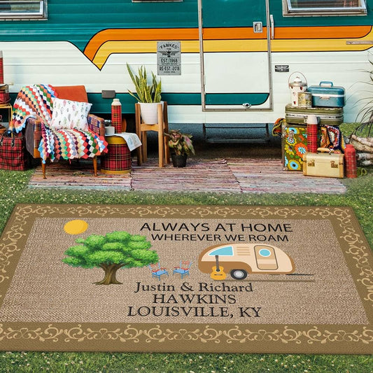 CafeTime Custom Camping Rug Always at Home Wherever We Roam RV Trailer Campsite Decor Floor Mat for Outdoors, Patio, Backyard, Picnic, Beach, Camping, 66 x 99 Inch
