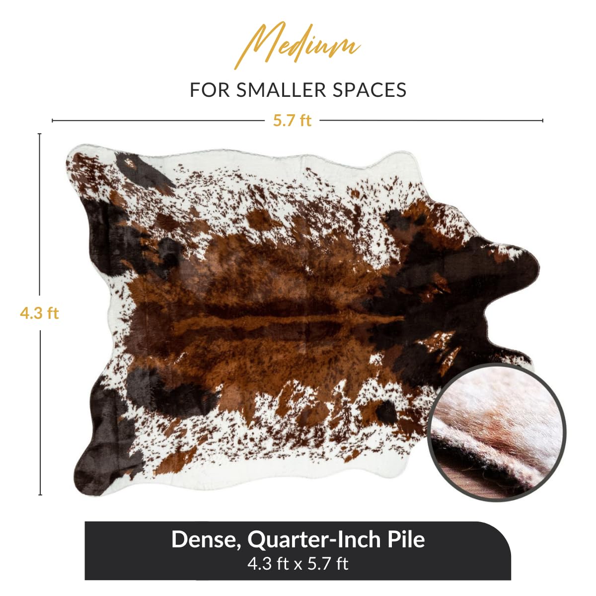 NativeSkins Faux Cowhide Rug 4'3" x 5'7" – Brown Cow Print Area Rug for Living Room & Bedroom – Non-Shedding, Flat-Lay, Pet-Friendly – Faux Suede Grip Backing – Vegan Western Farmhouse Decor