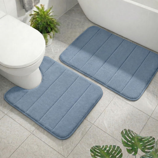 AINAHYVA 2 Piece Memory Foam Bath Mat Set, Extra Soft Absorbent Bathroom Rugs with U-Shaped Toilet Rug, Non-Slip Backing, Machine Washable, 24x16 + 20x20 U-Shaped, Dusty Blue