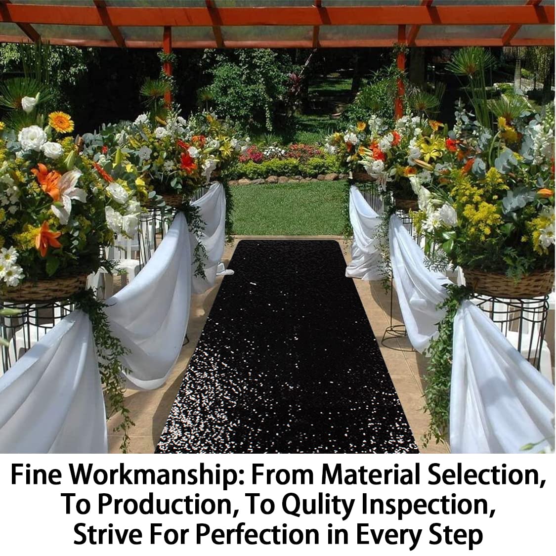 ShinyBeauty 4FT x 15FT Black Aisle Runner Tape | Shimmer Fabric Wedding Floor Runners with Glitter Carpet for Elegant Events