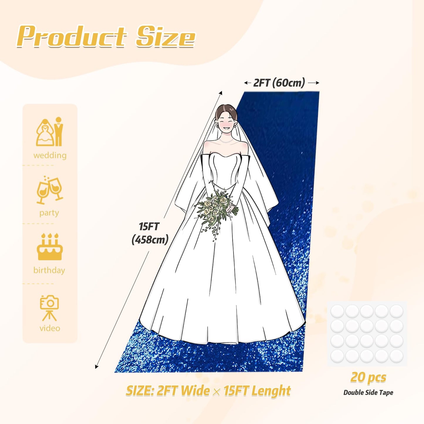 PartyDelight Wedding Aisle Runner Navy Blue Sequin Carpet Sparkly Rug for Ceremony Indoor Outdoor Engagement Decoration 2FTx15FT