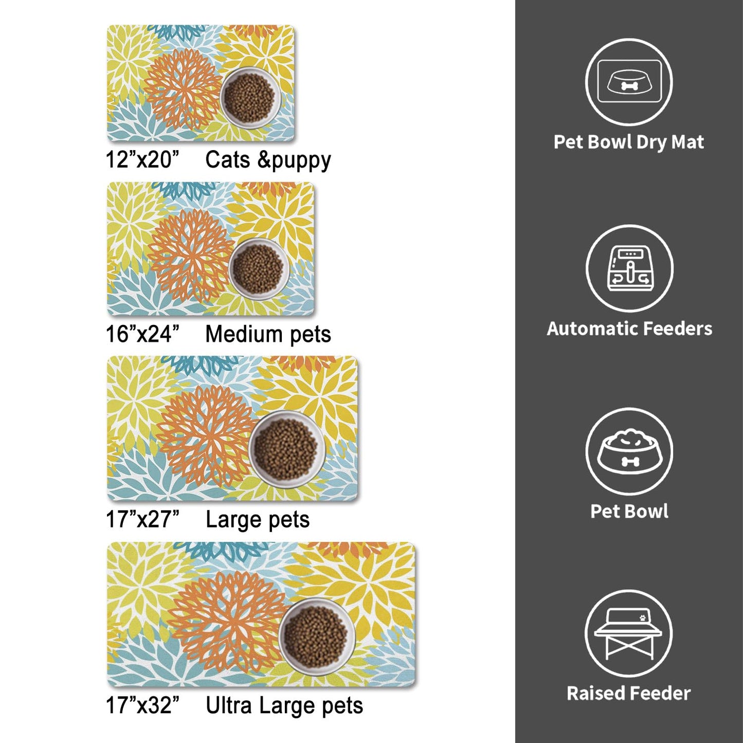 Dog Food Mats for Floors, Absorbent and Quick-Drying Pet Cat Food Mat,Anti-Fouling and Easy-to-Clean Pet Feeding Mat,Dog Bowl Mat for Messy Drinking Water Bowls.16x24, Bohemia Dahlia Floral Style