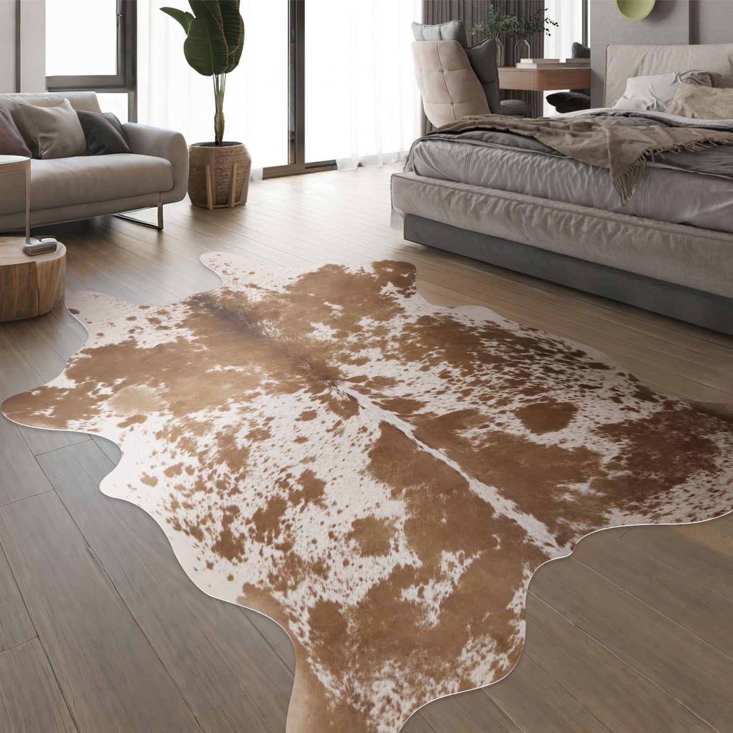 Faux Cowhide Rug 4.6x5.2 ft Cow Hide Faux Cowhide for Living Room Bedroom Dining Room Home Office Brown Cow Rug Carpet Western for Home Decor-NO Fur