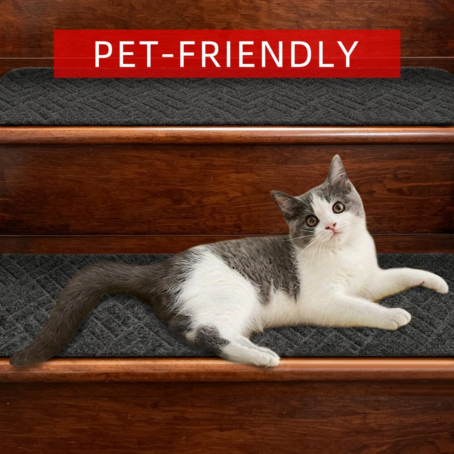 WELSTIK Non-Slip Stair Treads 30x8 Inch, Indoor Carpet Runners for Wooden Steps, Edging Stair Rugs with TPE Backing, 100% Polyester, Safe for Kids and Dogs (15 Pack, Grey)