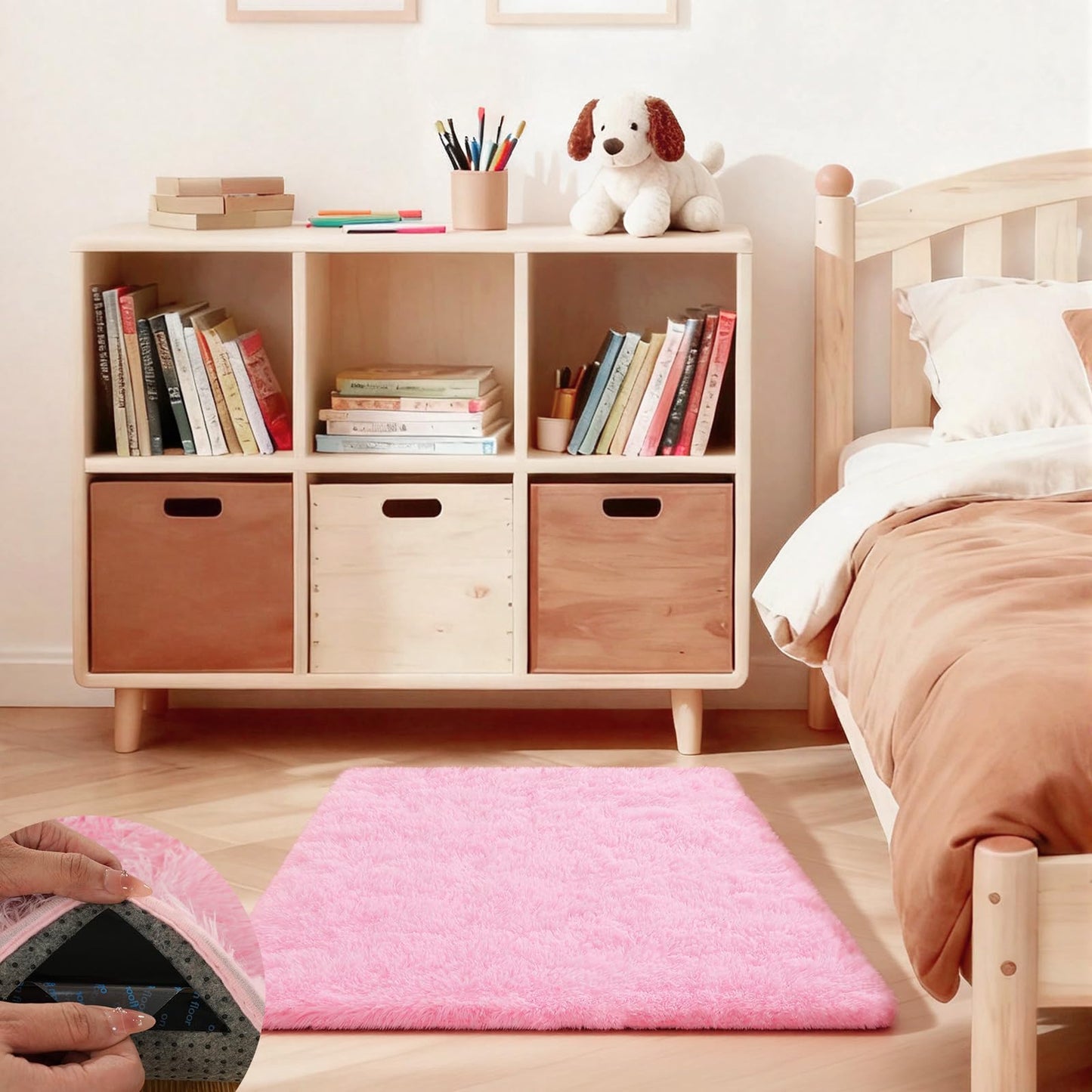 Ehayx Pink Rug for Bedroom, 2x3 Fluffy Area Rugs for Living Room, Small Fuzzy Shag Soft Carpet with 4 Non-Slip Adhesive Strips for Kids Boys and Girls Nursery Dorm Room Home Decor (2ft X 3ft)