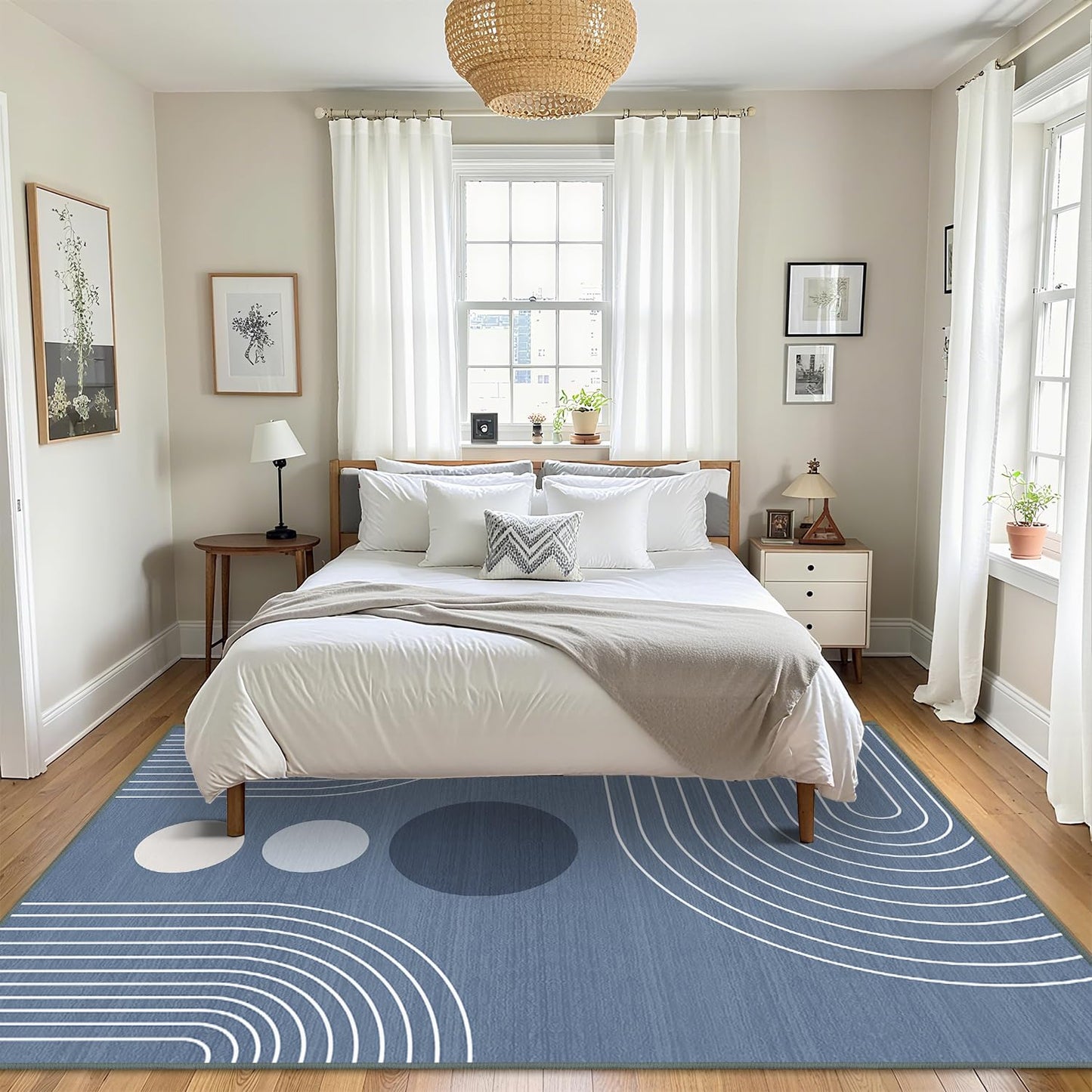 Area Rug 5x7 Boho Modern Minimalist Geometric Abstract Rug Dusty Blue Mid Century Modern Rug for Living Room Machine Washable Non-Slip Printed Low Pile Indoor Carpet for Bedroom Dining Room Office
