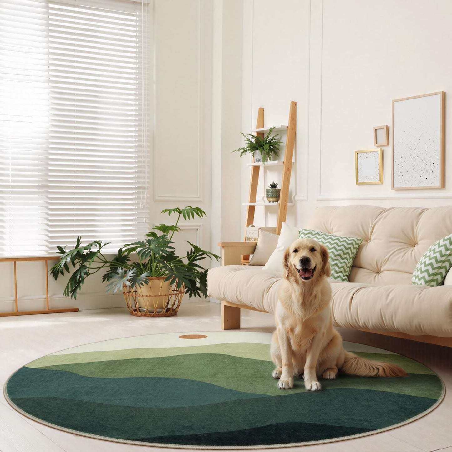 Sungea 6ft Round Rugs for Living Room,Soft Washable Non-Slip Large Circle Rug,Chic Mountain Low-Pile Circular Bedroom Rug Indoor Round Carpets for Kidsroom/Nursery/Office(Green)
