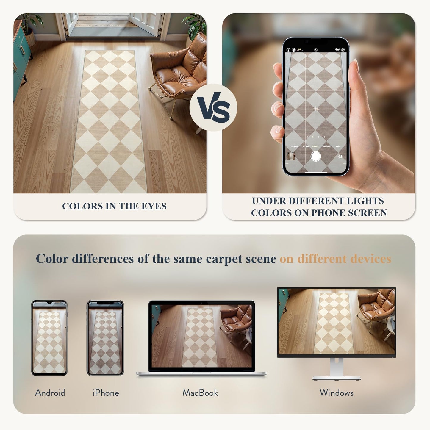 Beeiva Checkered Print Carpet Runners for Hallway 6ft, Beige Ultra Thin Washable Kitchen Runner Rug Non Slip, Moroccan Plaid Checkerboard Decor Faux Wool 2x6 Rug for Bedroom Bathroom Entryway