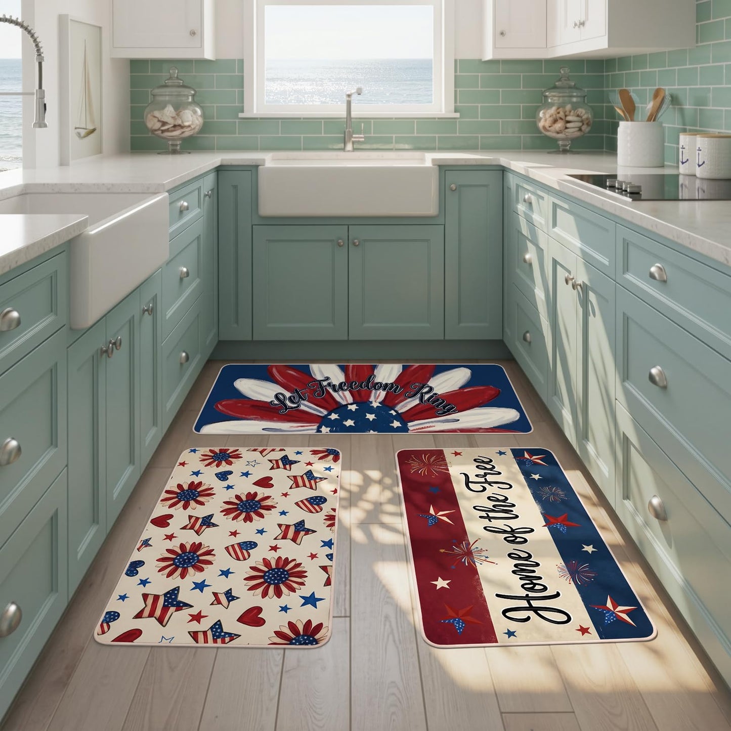 Dunzy 3 Pcs 4th of July Kitchen Rugs Independence Day Patriotic Kitchen Mats American Rugs Non Slip Washable Mats for Floor Home 250th Anniversary Decor, 17 x 30, 17 x 30 and 17 x 47 inch