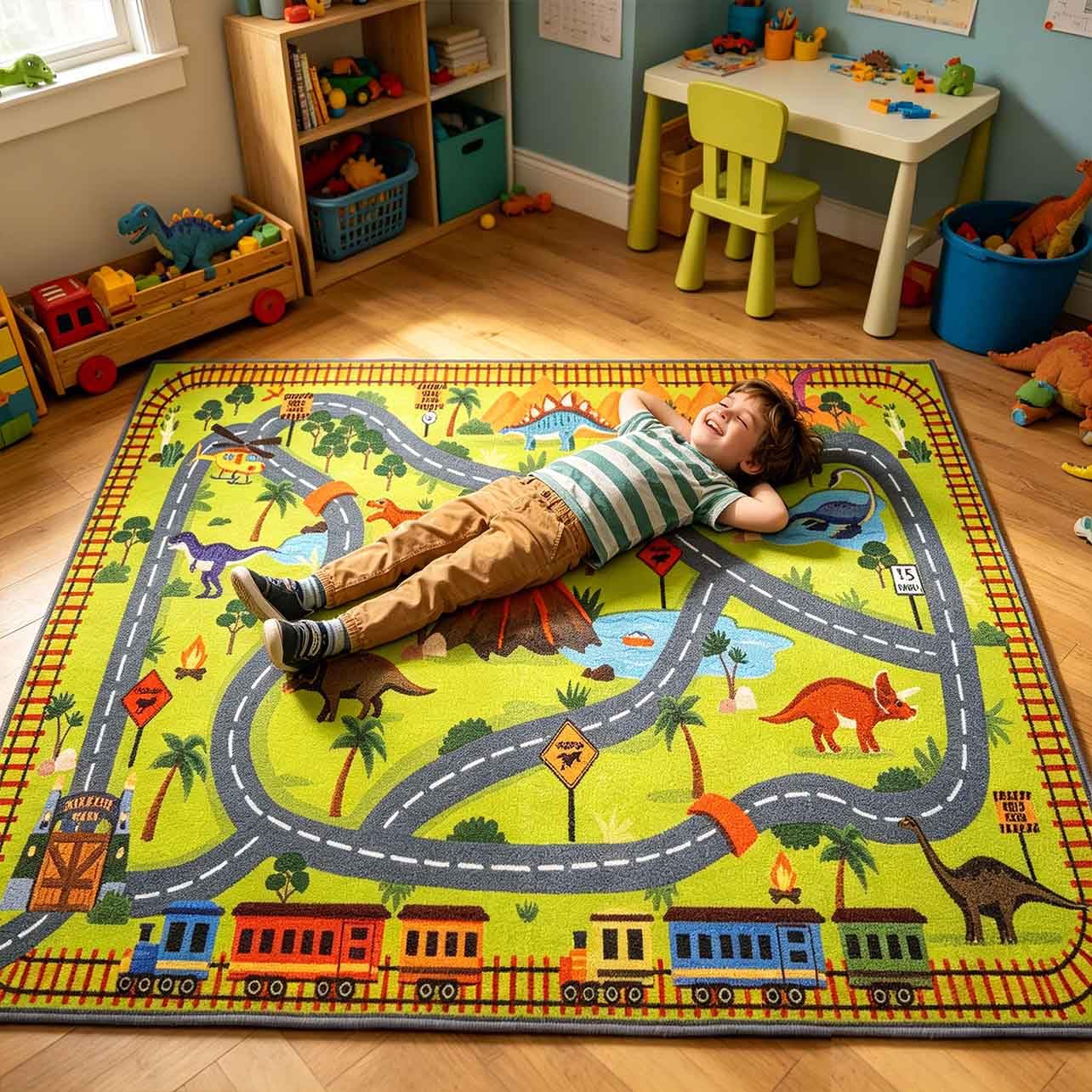 LIVEBOX Kids Dinosaur Car Rug Play Mat, Washable Playroom Rug with Roads for Toy Cars, Non Slip Safari Dino Park Adventure Carpet for Boys Bedroom（ 5.3x6.6 ft ）