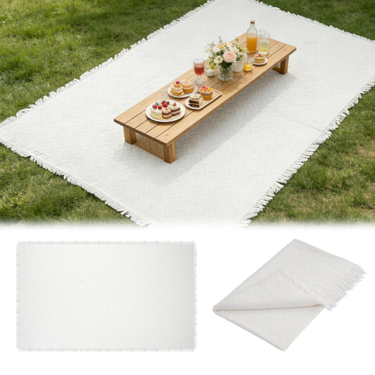 YEXEXINM Extra Large Outdoor Picnic Blanket 118" x 71" Oversize Woven Cotton Yarn Beach Blanket with Fringe, Machine Washable Portable Blanket for Camping, Beach, Park, Fits 6 to 9 Adults (White)
