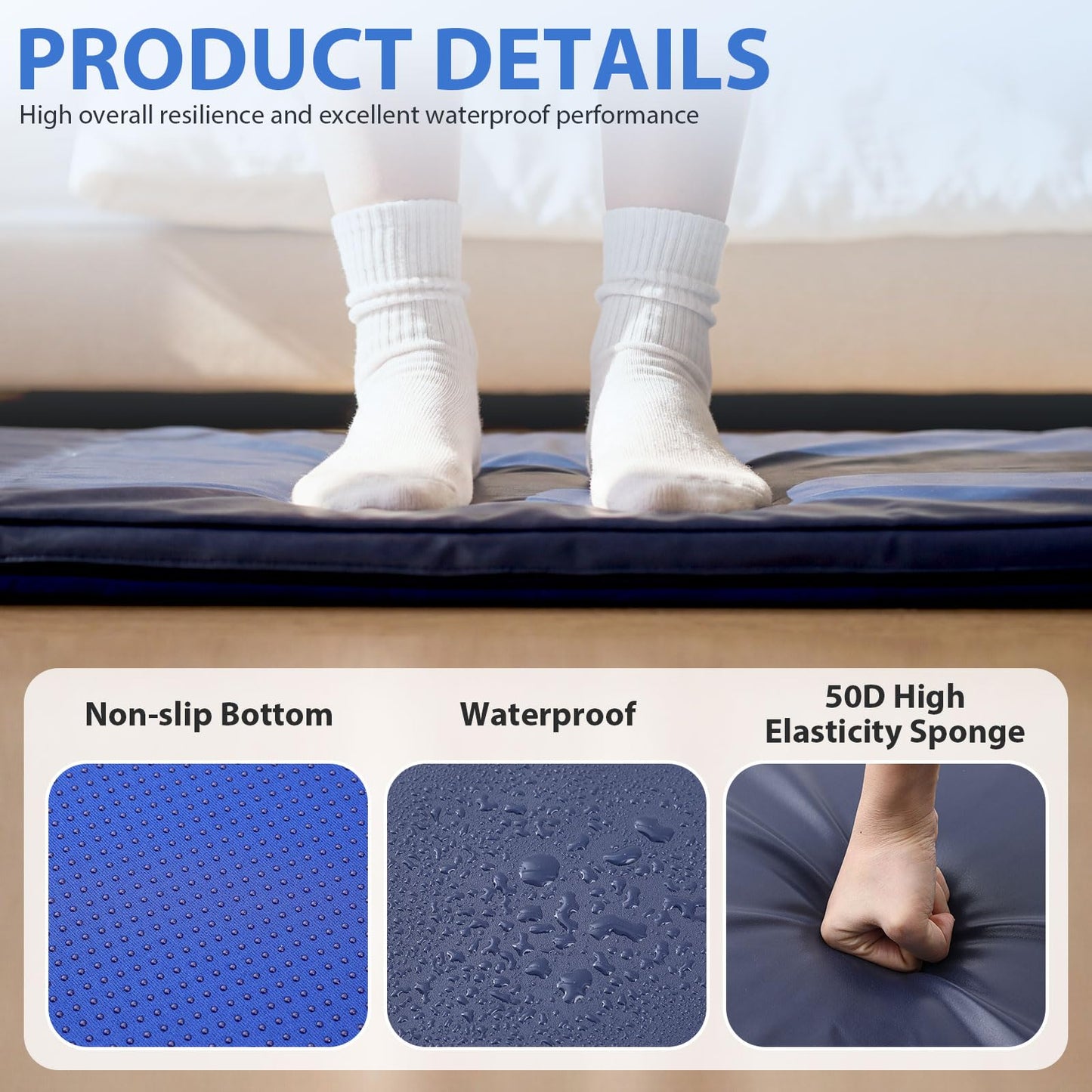 Wesiti 1 Pcs Fall Mat for Elderly Bedside, 70" x 24" x 2" Non Slip Foldable Floor Mat for Seniors Safety Fall Prevention for Handicap, Anti Fatigue Crash Bed Pad (Blue)
