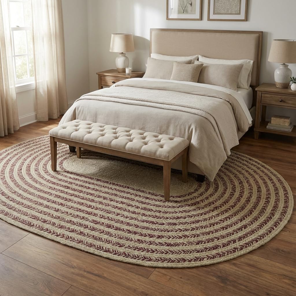 Cotton Braided Rug - 5' x 7' Beige and Burgundy Oval Woven Farmhouse Rug for Living Room - Braided Minimalist Rugs for Bedroom - Rustic Primitive Rugs for Dining Room