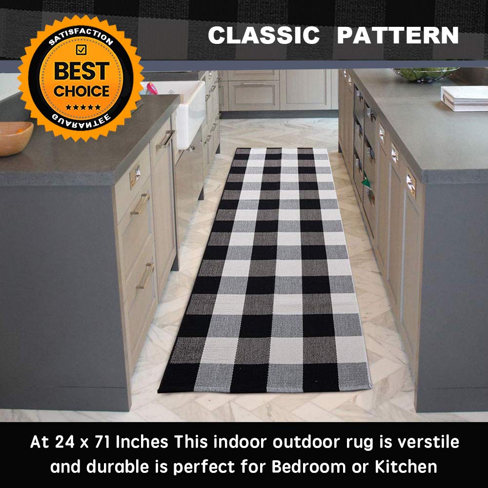 KaHouen Buffalo Check Runner Rug (24 x 71 Inches),Hand-Woven Buffalo Plaid Runner Rugs, Black and White Checkered Outdoor Rugs for Kitchen/Living Room/Bathroom/Laundry Room