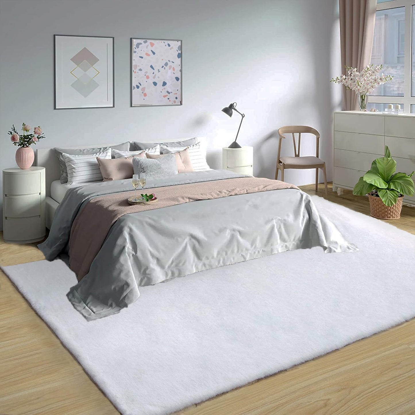 Latepis White Fluffy Rug 8x10 Faux Rabbit Fur Area Rugs for Living Room Washable Fuzzy Plush Shag Rug for Bedroom Large Shaggy Rugs for Nursery Home Decor