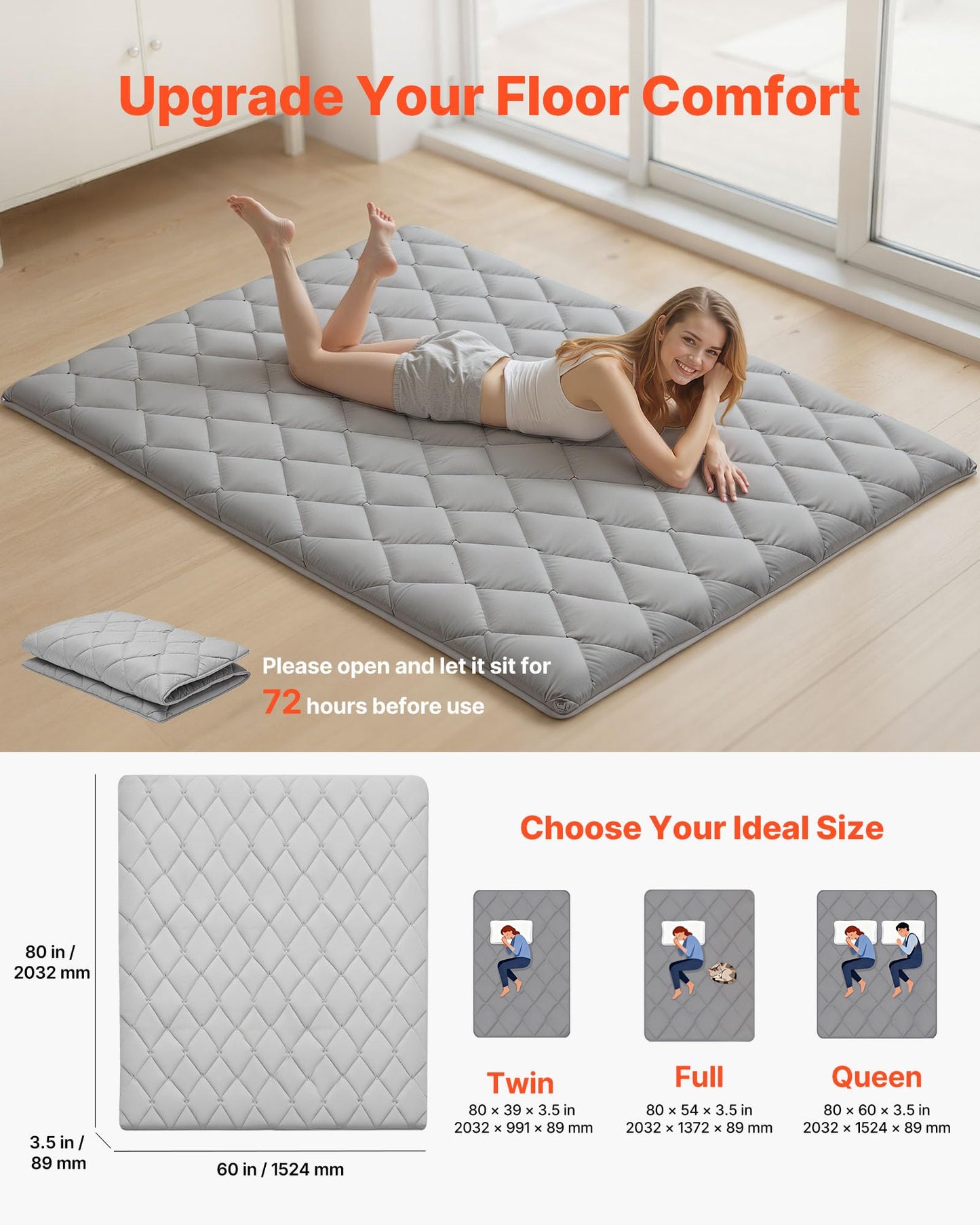 VEVOR Japanese Floor Mattress Queen, 3.5" Thick Futon Mattress, 100% High Density Comfortable Foam, Foldable Tatami Mat with Storage Bag, Sleeping Pad for Camping Dormitory Yoga, Gray