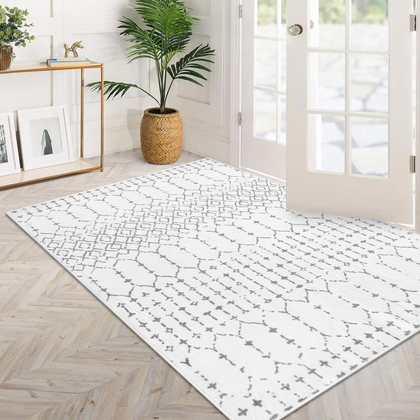 Lahome Moroccan Living Room Area Rug - Washable Rugs 4x6 Non-Slip Soft Throw Rugs for Bedroom White Lightweight Large Rug, Modern Geometric Print Low-Pile Capet for Classroom Office Dining Room Hana