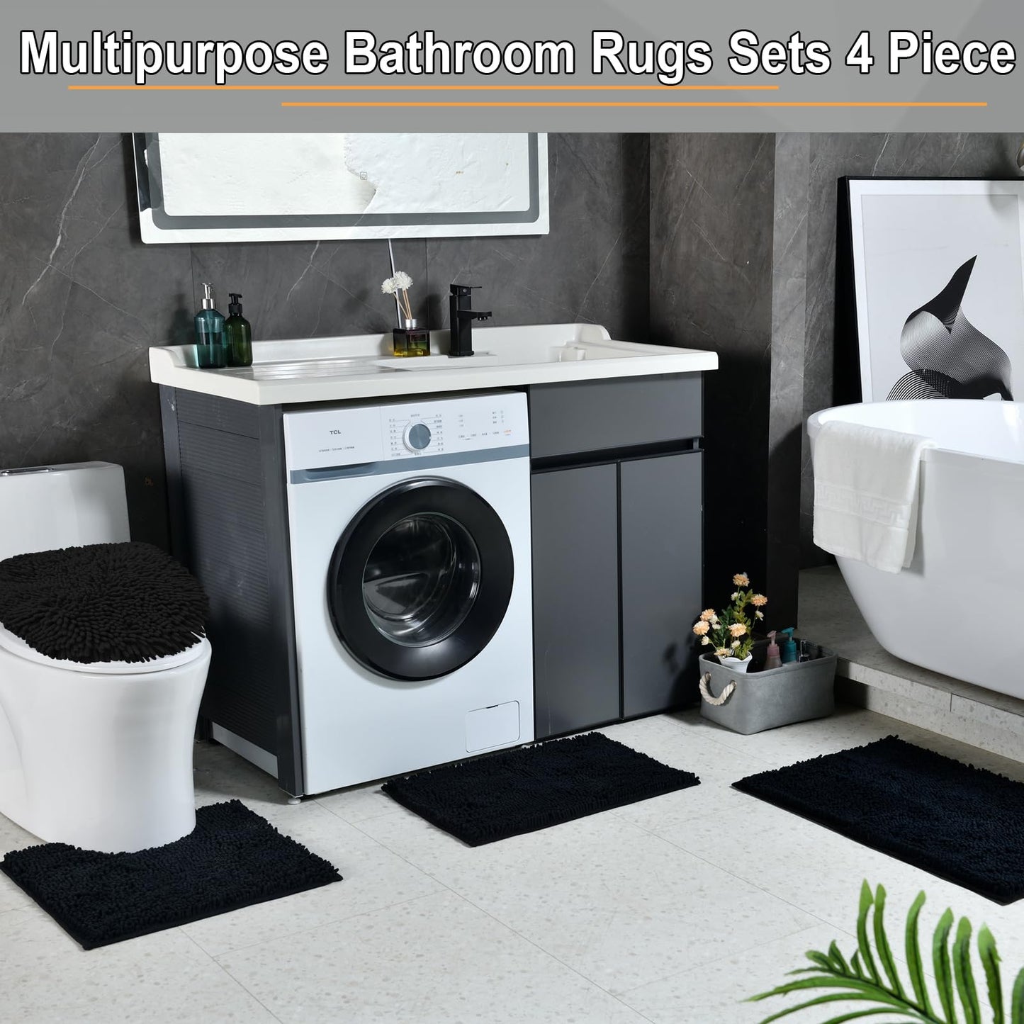 Bathroom Rugs Sets 4 Piece, Extra Soft Absorbent Chenille Bath Rugs, Non Slip Rubber Backing Machine Washable Quick Dry Bath Mats for Bathroom Floor, Tub, Shower, Home Decor Accessories, Black