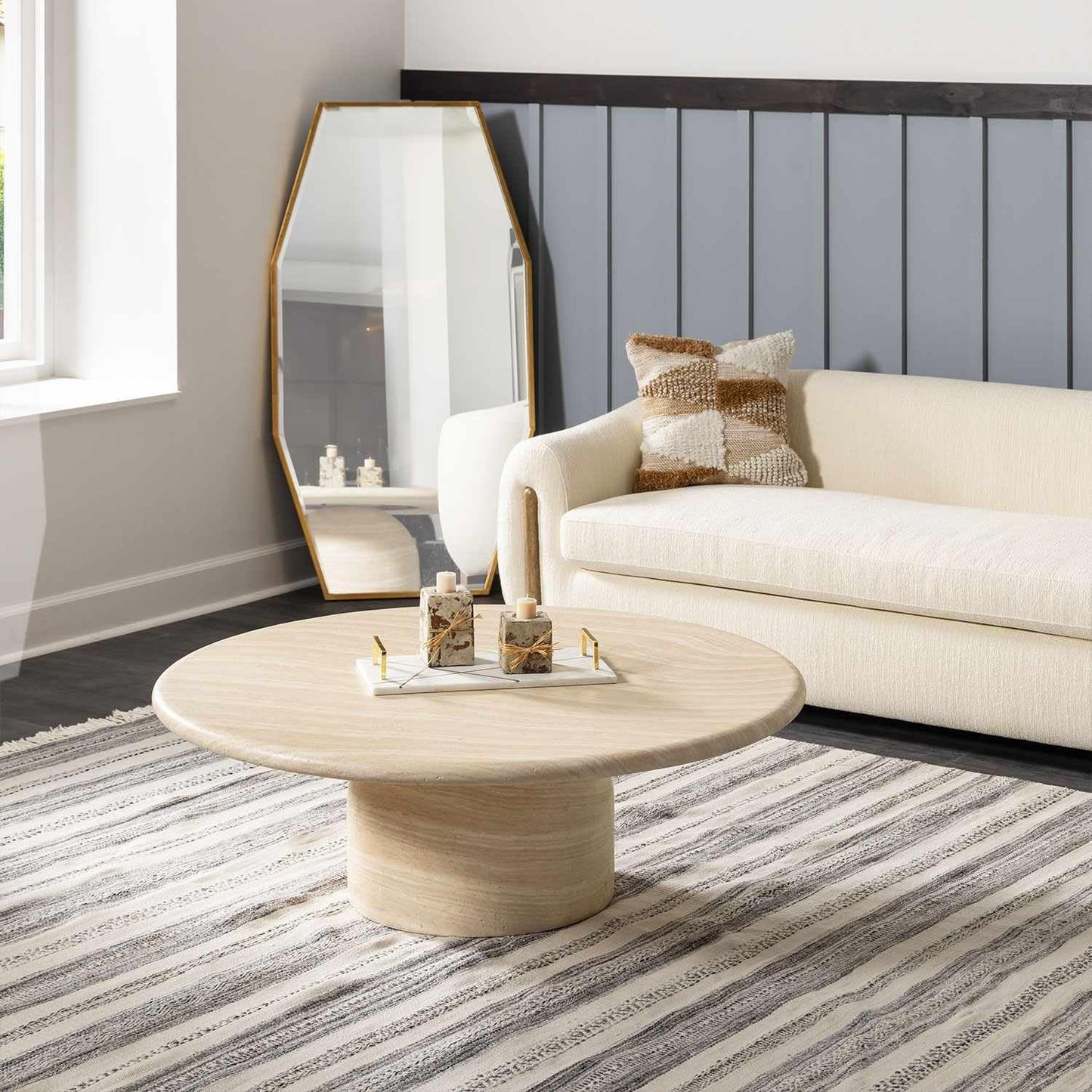 Hauteloom Geographe Recycled Material Living Room, Bedroom Area Rug - Striped Geometric Border - Contemporary Modern Minimalist Farmhouse Boho - Beige, Dark Red, Charcoal, White, Gray - 5' x 7'6"