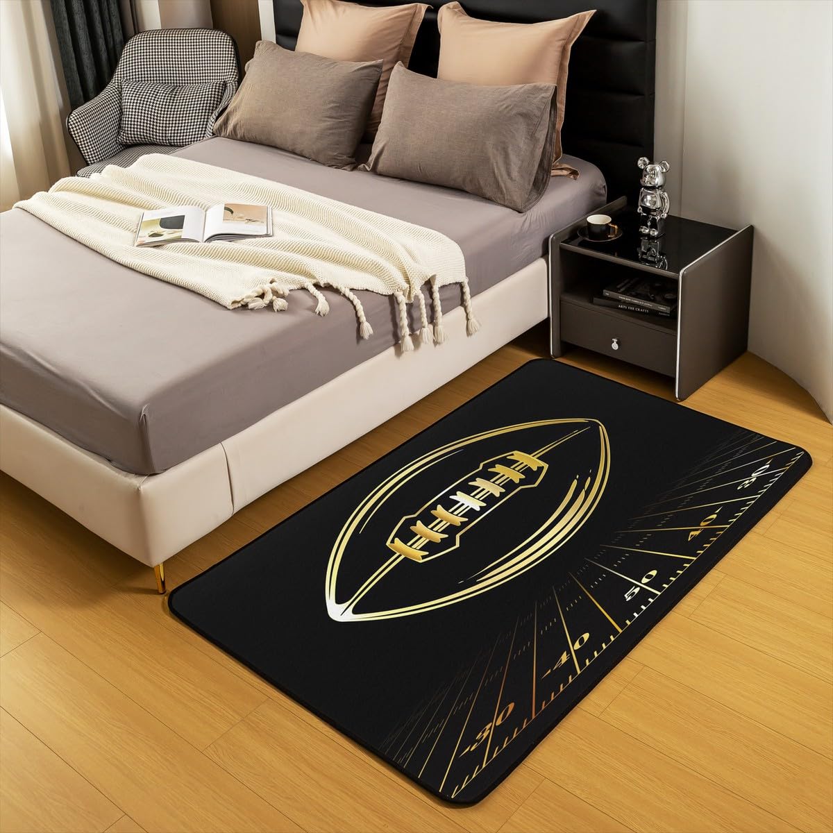 jejeloiu Football Area Rug 4x5 Black Gold Rugby Ball Game Rug for Living Room Bedroom Soft Sports Theme Decorative Carpet Rug Indoor Floor Mat Accent Rug for Playing Room Kitchen Home