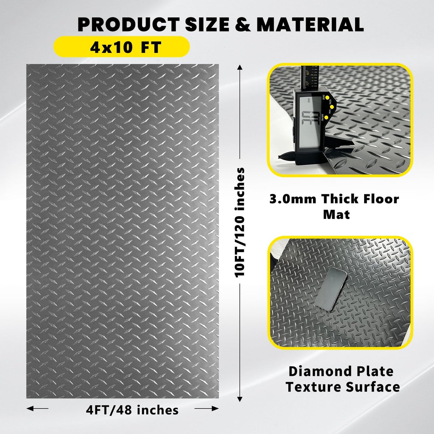 4x10 FT Garage Floor Mat, 2.8mm Thickened Diamond Plate PVC Rubber Heavy Duty Flooring Roll Covering Non-Slip Floor Protector Mat for Under Car Parking/Garage/Warehouse/Gyms/Trailer (Gray)
