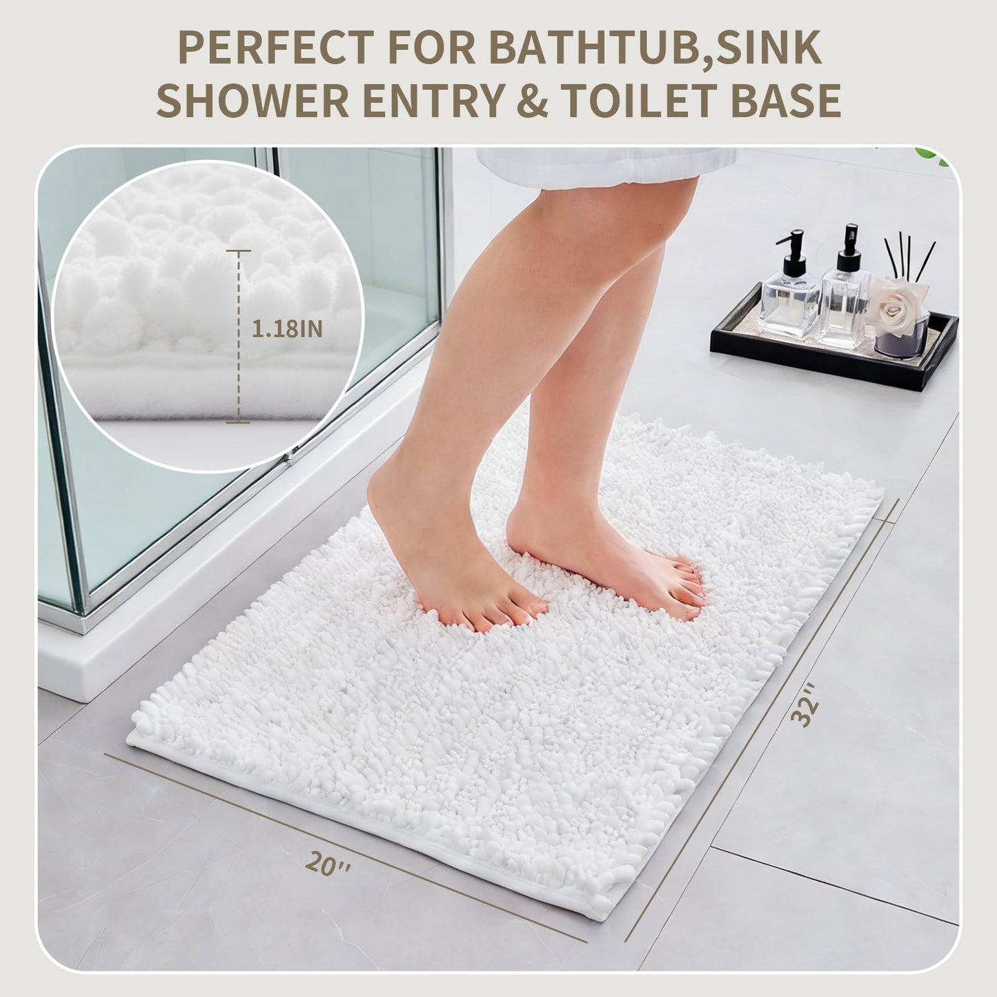 Ruggnovea Bathroom Rugs Non Slip Washable 32x20, Extra Thick Soft Chenille Absorbent Bath Mat, High Density Barrier Non Slip Backing, Quick Dry Plush Shaggy Floor Carpet for Tub&Shower, White