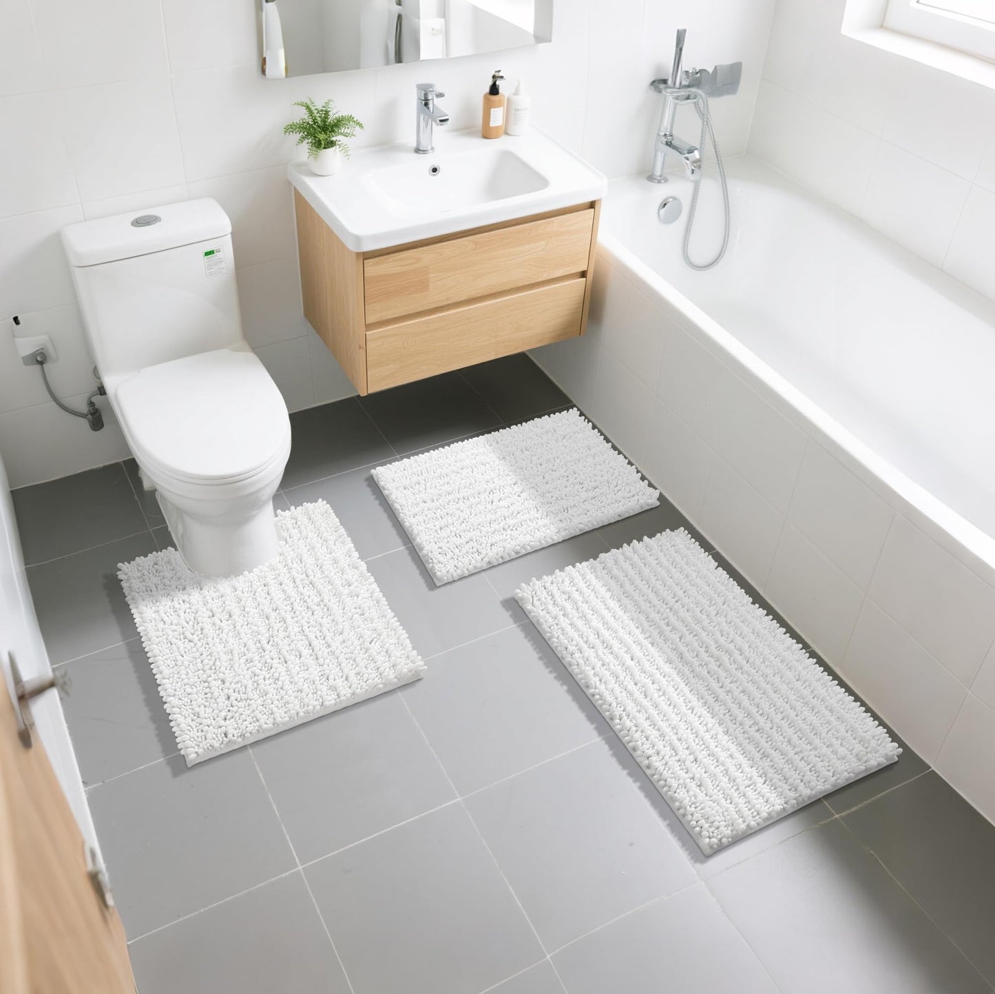 Yimobra Bathroom Rugs Sets 2 Piece - Quick Dry Extra Thick Luxury Chenille Bath Mat, Non Slip Super Absorbent for Tub Shower Sink, Machine Washable Shaggy Floor Mat, 32"x20"+24"x20" Inch, White