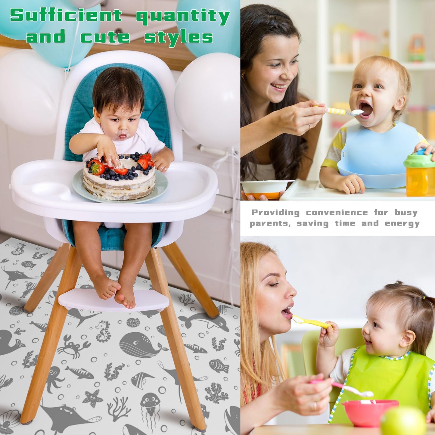 Drydiet 100 Pack 28"x47" Disposable Floor Splat Mats for Under High Chair with Animals Print, Waterproof Plastic Floor Mat Multipurpose Baby Led Weaning Supplies(Sea Animal)