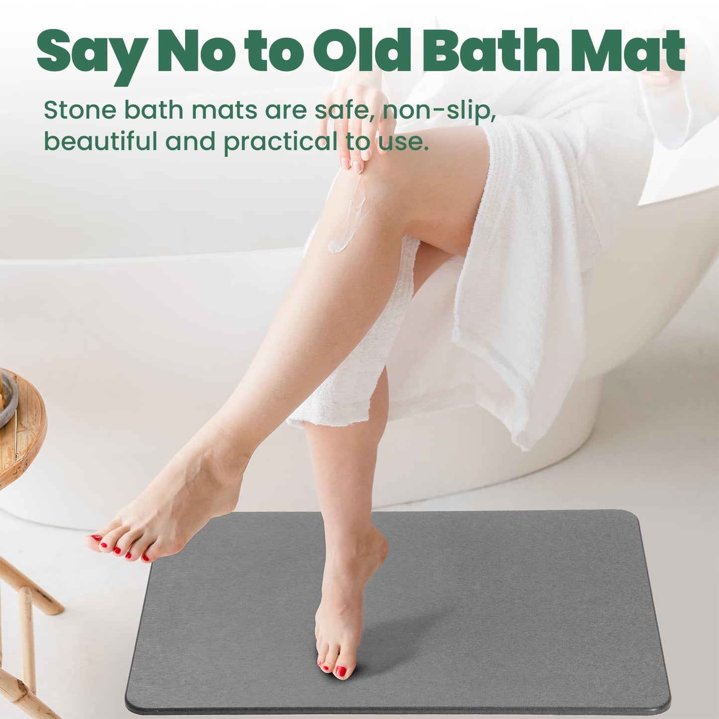 WALL QMER Stone Bath Mat, Diatomaceous Earth Shower Mat, Fast Drying, Super Absorbent, Anti-Slip Stone Bath Mats for Bathroom, Kitchen, Easy to Clean, (23.5"x15.5", Slate)