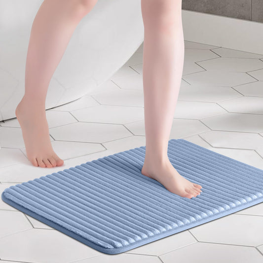 FRESHMINT Ultra Soft Charcoal Infused Memory Foam Bath Mat 17" x 24", Bath Rugs for Bathroom Non-Slip, Thick & Water Absorbent Bathroom Rugs, Room Accessories Shower Floor Mat, Washable, Blue Linen