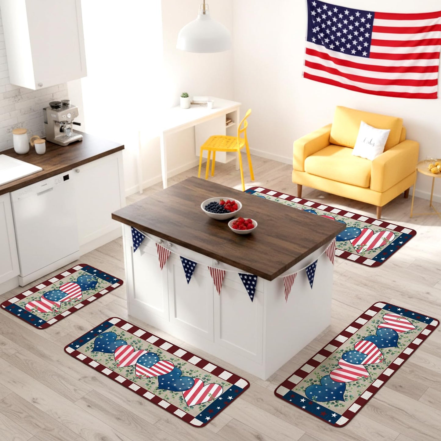 Bencailor 3 Pcs Patriotic Kitchen Rugs and Mats Set Non Slip Memorial Day 4th of July Mats for Floor Home Bathroom 250th Anniversary Decor