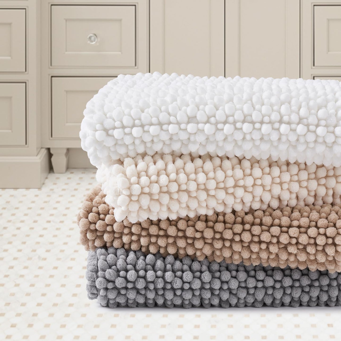 FRESHMINT Chenille Bathroom Rugs Sets 2 Piece 17"x24"+20"x47", Non-Slip Bath Mats Set for Bathroom, Absorbent Bath Rug, Washable Set of 2 Shower Floor Mat Runner, White