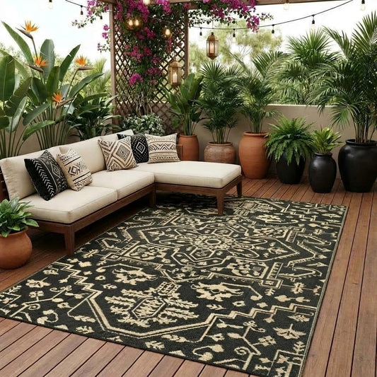 GAOMON Waterproof 8x10 Outdoor Rug Boho Vintage Reversible Plastic Straw Rug Mat UV-Resistant Foldable Retro Medallion Camping Indoor Outdoor Carpet for Patio RV Deck Balcony Picnic, Black Brown