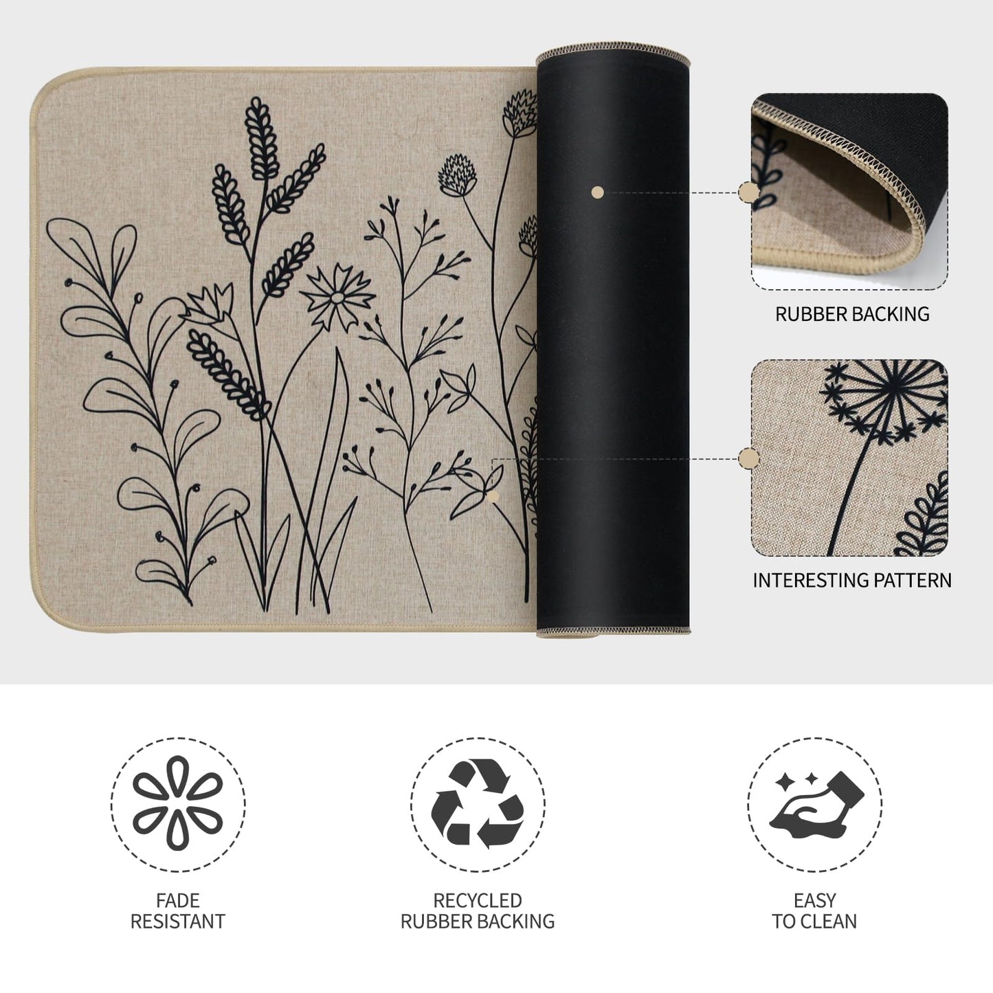 Mirok Kitchen Mats for Floor 2 Piece,Floral Plants Bee Spring Kitchen Rugs Sets of 2,Non Slip Kitchen Rug for Floor (Flowers/Grass Beige,17"x29"+17"x47")