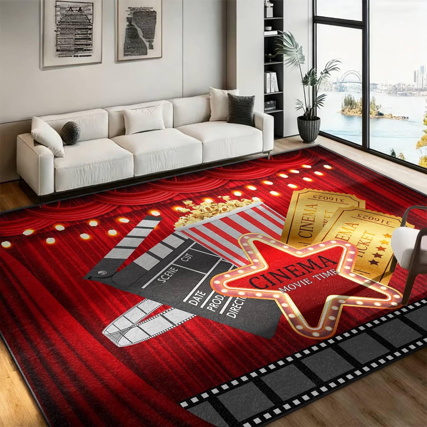LGGLOVELIN Cinema Movie Time Area Rug 8x10ft, Indoor Low Pile Large Carpet, Red Curtain Popcorn Ticket, Washable Non-Slip Soft Rugs for Home Theater Living Room Bedroom Movie Night Decor Mat