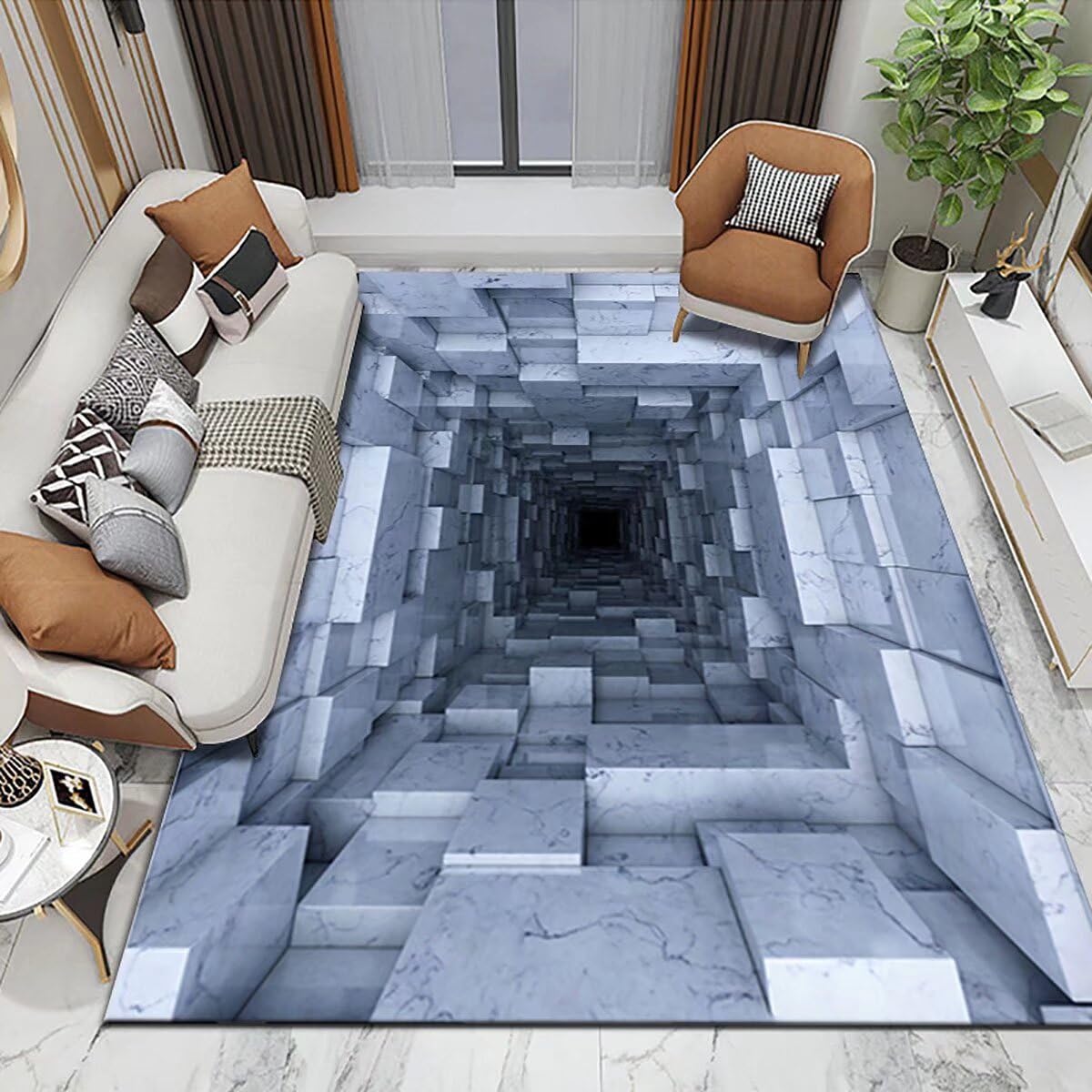 Marble Brick Bottomless Hole Area Rug for Living Room 3D Trap Optical Visual Illusion Rugs Kids Playroom Floor Carpet Mat Non-Slip,4'x6'