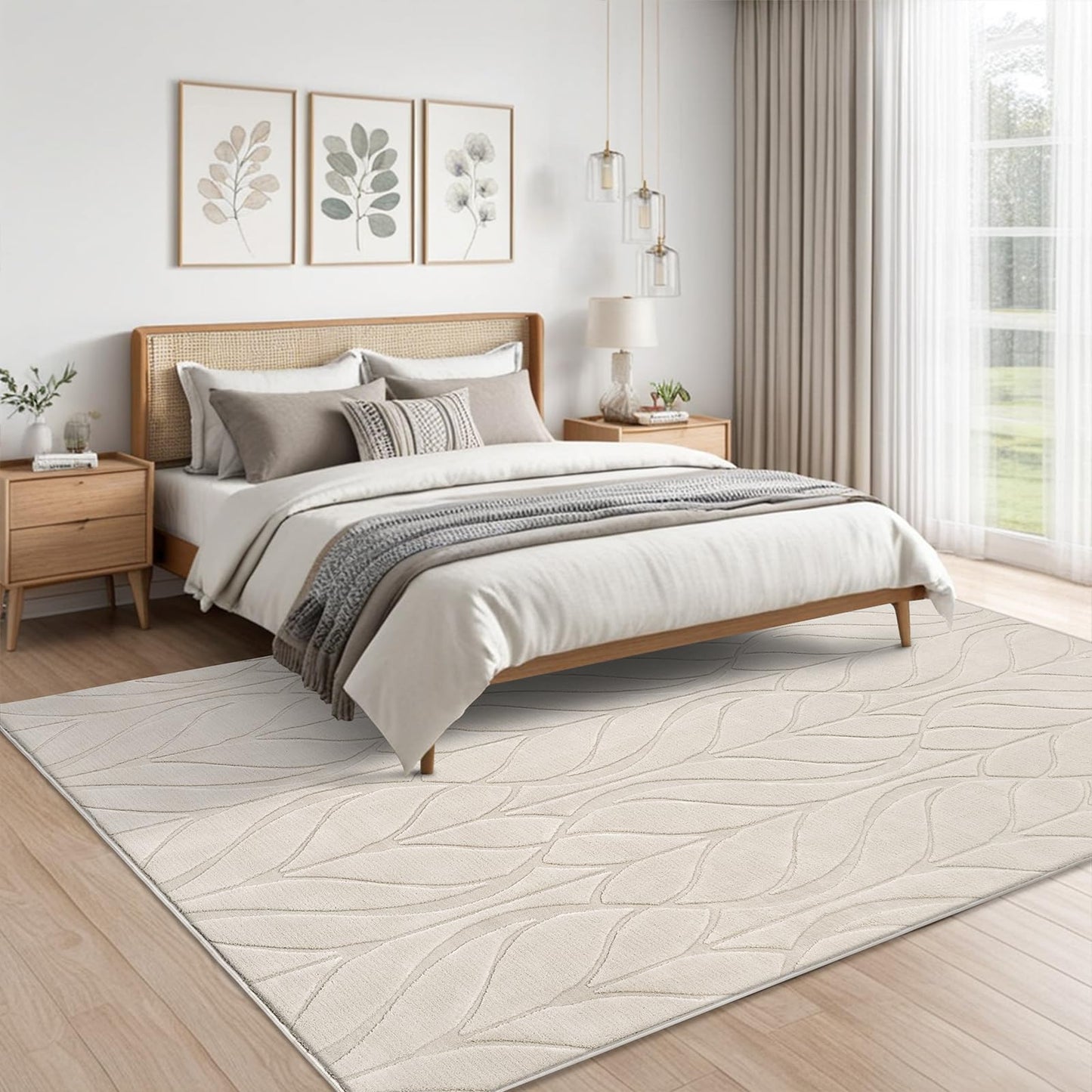 SHACOS Soft Area Rug for Living Room 8x10, Washable Non Slip Bedroom Rug Beige, Fluffy Large Rugs Carpet for Floor Living Room Kids Nursery Room, Home Decor Aesthetic - Leaf Pattern Design