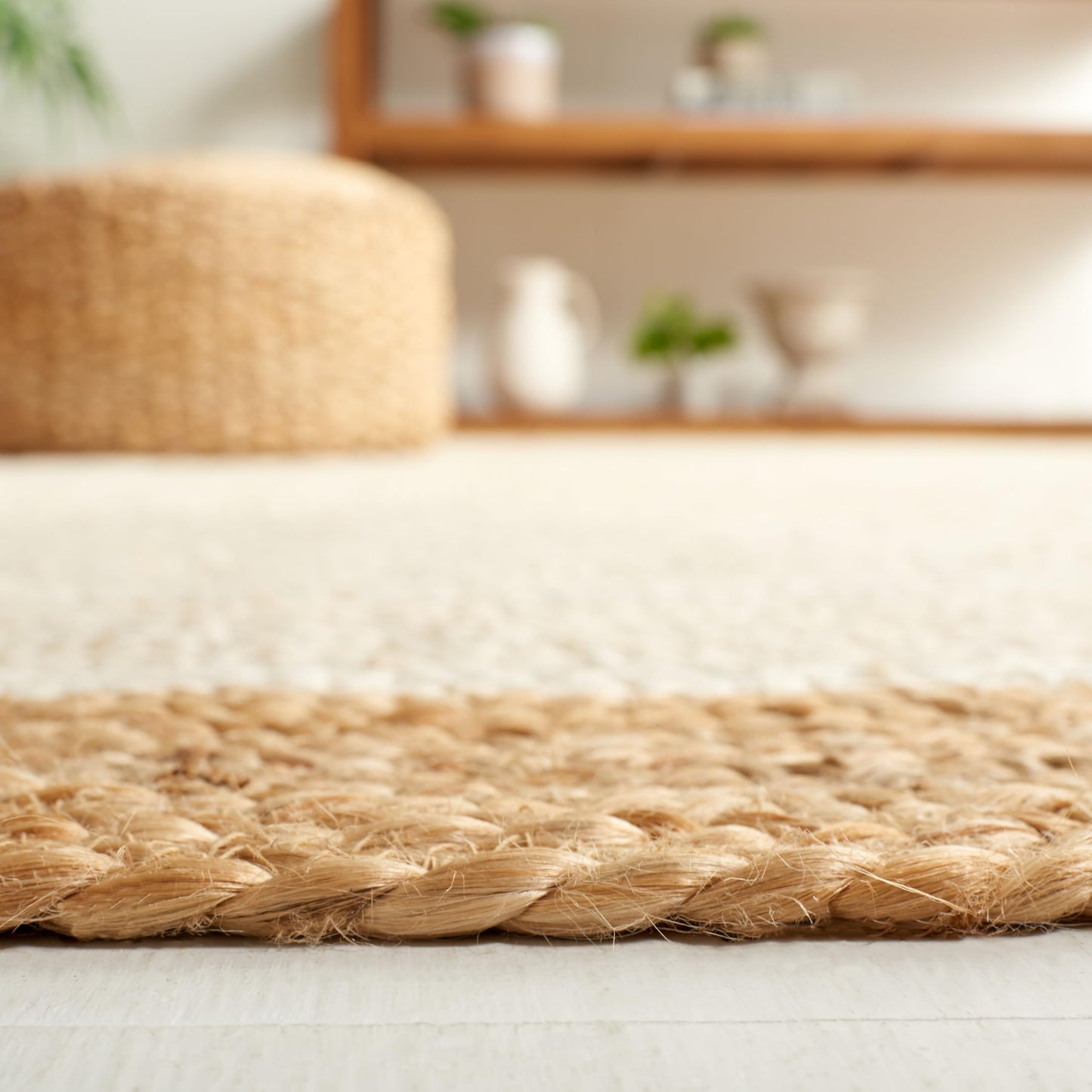 SAFAVIEH Area Rug 3x5 Oval - Natural Fiber Collection - Ivory & Natural Brown, Handmade Jute, Braided Border Design (NF801M)