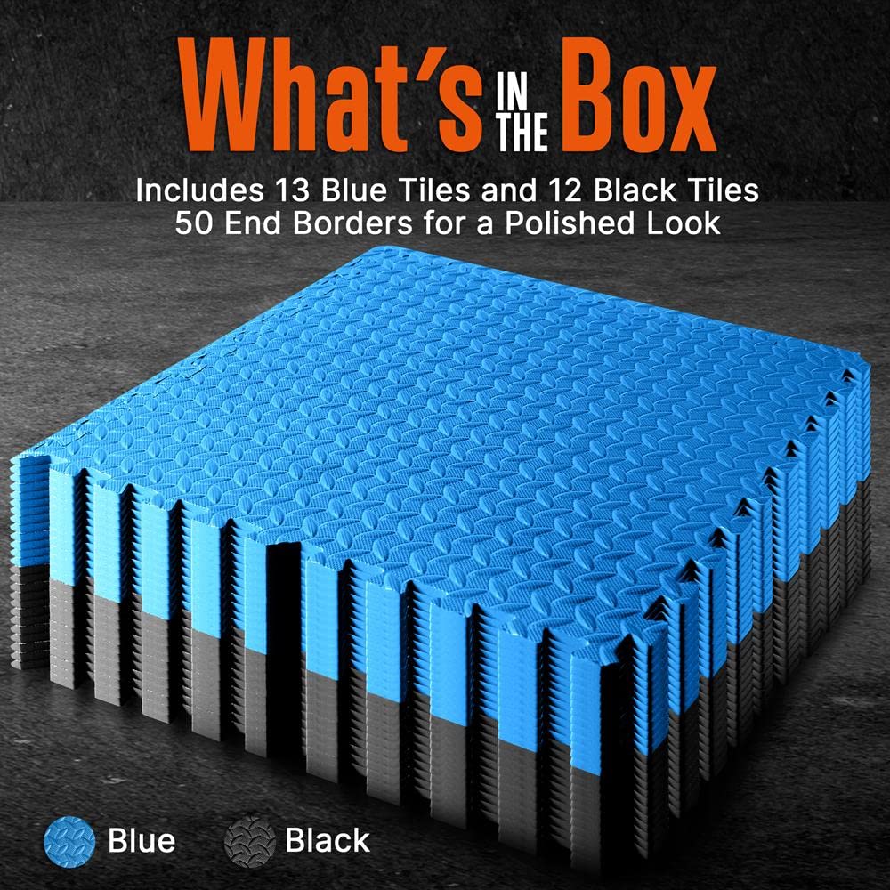 SQUATZ Thick Puzzle Exercise Mat, 25 Pcs EVA Foam Interlocking Tiles Protective Flooring for Gym Equipment and Cushion for Workouts, Durable Non-Skid Texture, Easy to Assemble, Blue and Black
