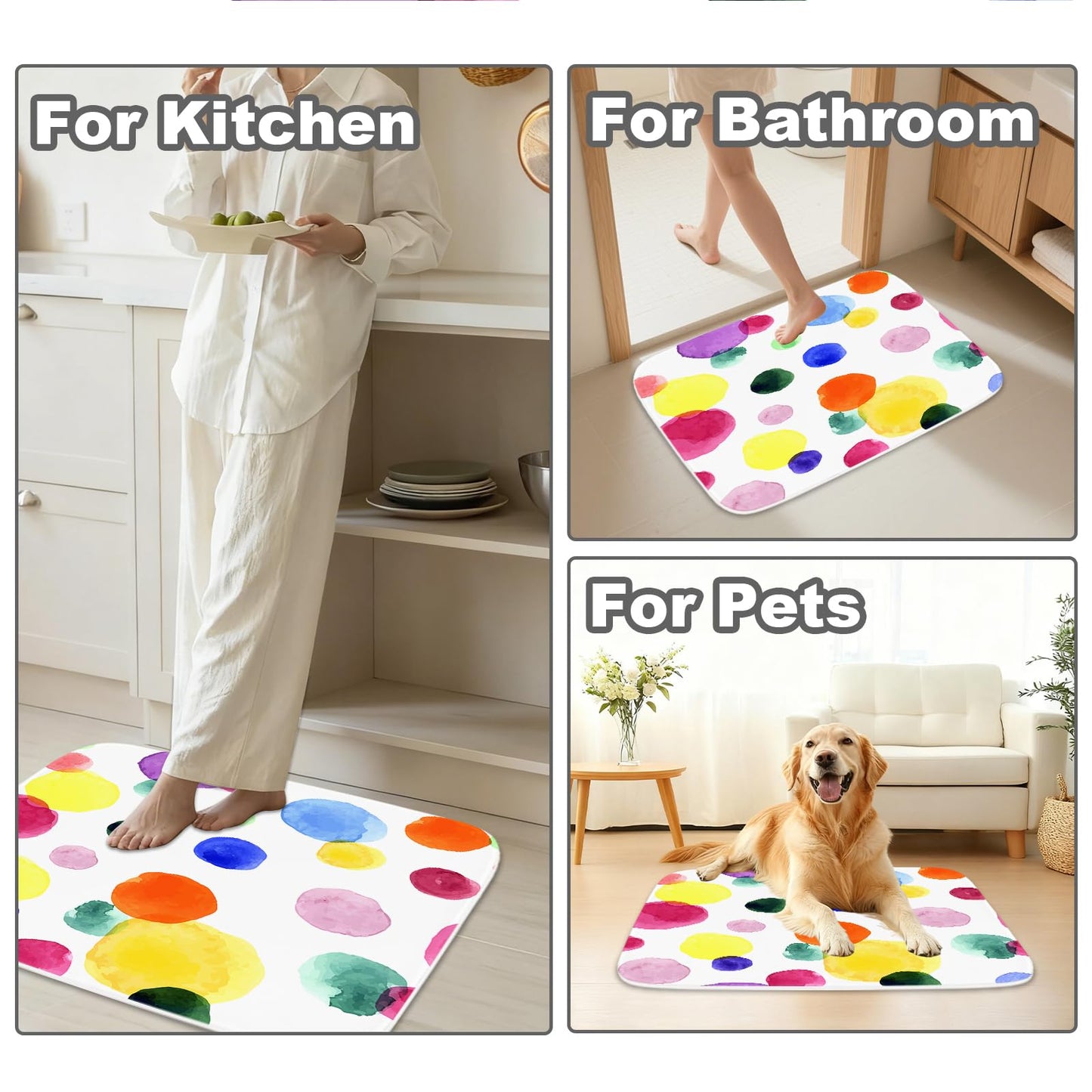TheBlackSpot Colorful Cartoon Polka Dot Bathroom Rugs Bath Mat Sets 3 Piece Imitation Cashmere Imitation Cashmere Anti Slip Mats,U-Shaped Contour Shower Mat