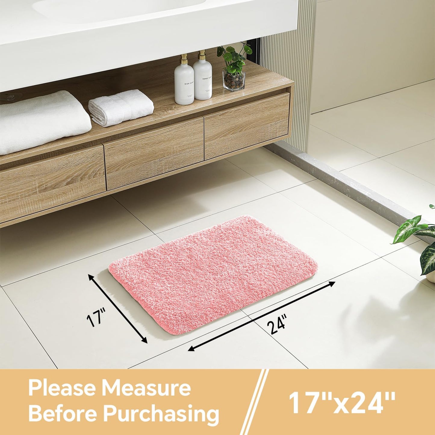 Kildoss Pink Bathroom Rugs 17"x24" - High-Density Microfiber Bath Mat, Fluffy Non Slip Absorbent and Washable Bathroom Mat - Ideal for Small Spaces, Vanity, Toilet, or Pet Mat
