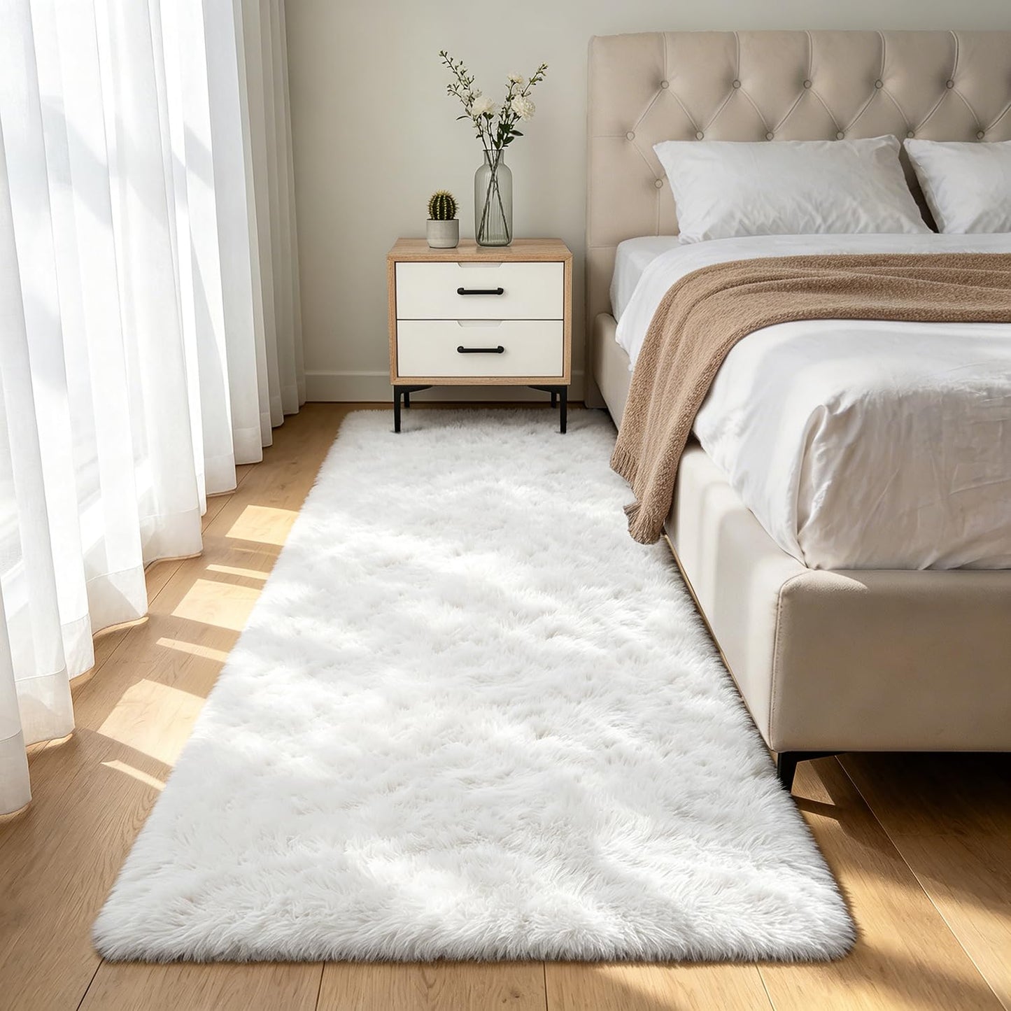 Shag Runner Rug for Bedroom Living Room 2x6 Upgrade Non-Slip Fluffy Soft Bedside Rugs,White Shaggy Carpet for Kids Girls Boys Dorm Nursery Home Decor Aesthetic