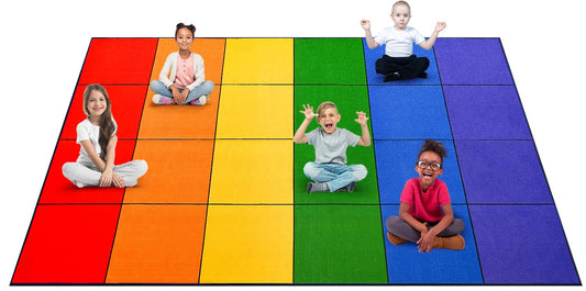 Boooooom Jackson Classroom Rug - 7'6''x13'12'' Vibrant Rainbow Preschool Classroom Carpet with Seating Squares, Non-Slip & No-Trip Edges, Vibrant Colors for Kids Playroom Floor Mat