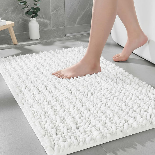 Ruggnovea Bathroom Rugs Non Slip Washable, Extra Thick Soft Chenille Absorbent Bath Mat, High Density Barrier Non Slip Backing, Quick Dry Plush Shaggy Floor Carpet for Tub&Shower 24x17, White