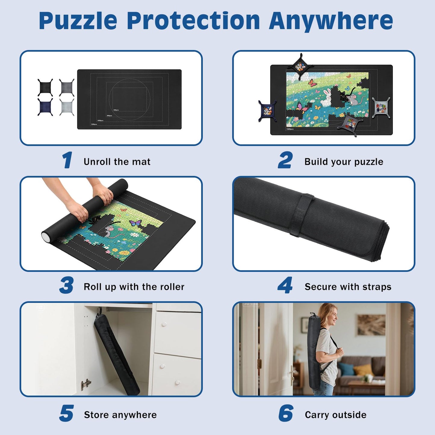 MoKo Jigsaw Puzzle Matt Rollup, 46" x 26" Puzzle Saver Pad with 4 Sorting Trays & Travel Storage Bag, Portable Puzzle Keeper Up to 1500 Pieces, Non-Slip Rubber Bottom & Smooth Surface