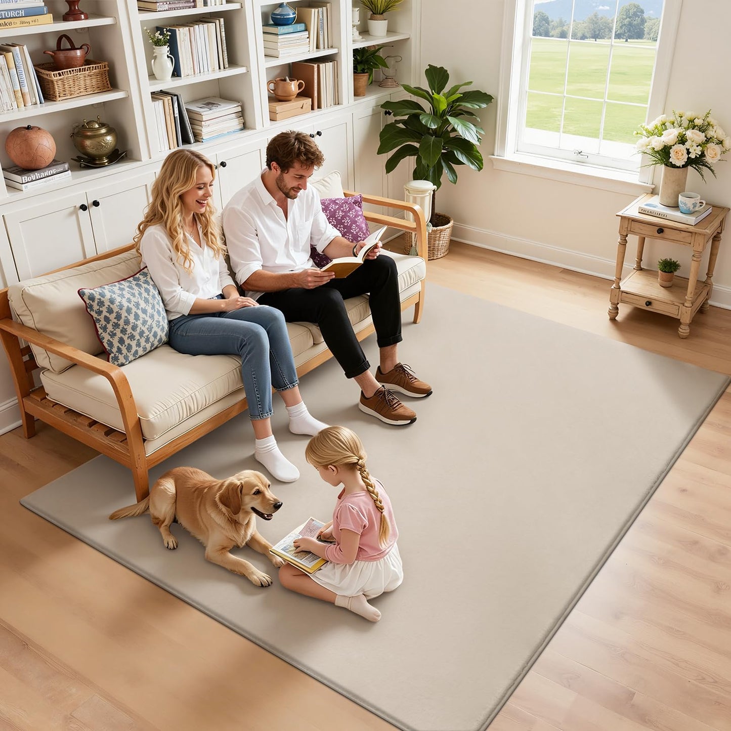 SHACOS Ultra Soft Faux Rabbit Fur Area Rug 5'x7', Non Slip Washable Padded Living Room Rugs, Fluffy Cozy Indoor Modern Carpet for Bedroom Dining Room Kids Room Dorm Home Decor, Beige