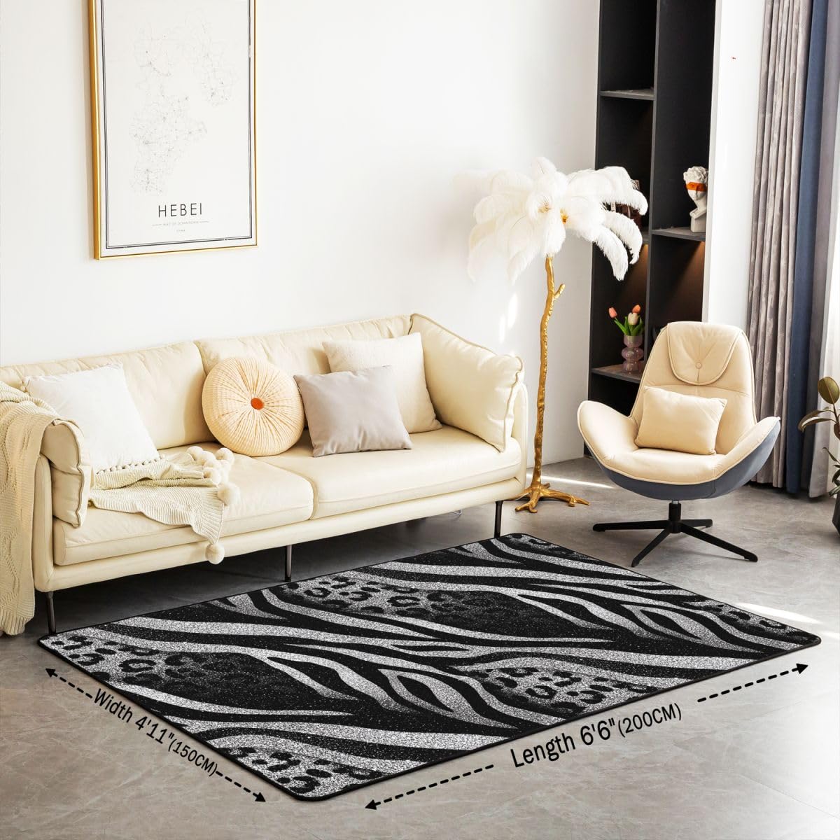 Leopard Print Large Area Rug 5x7 Cheetah Skin Living Room Rug | Zebra Pattern Silver Glitter Rugs for Bedroom, Patchwork African Safari Pattern Low Pile Carpet Indoor Floor Mat