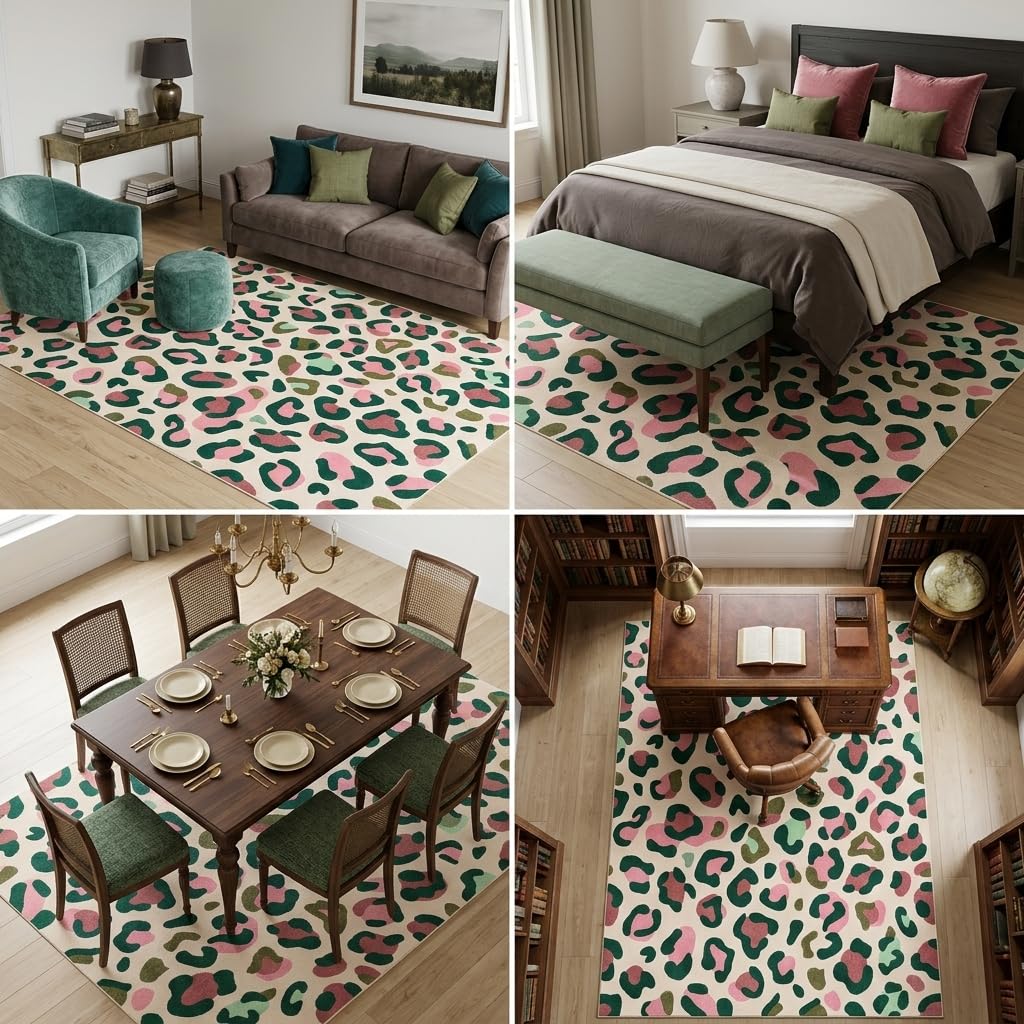 ERYATOU 5x7 Area Rug, Pink and Green Leopard Print Rug, Washable Non-Slip Low Pile Faux Cashmere Carpet for Teen Girls Bedroom, Dorm Room, Living Room Decor
