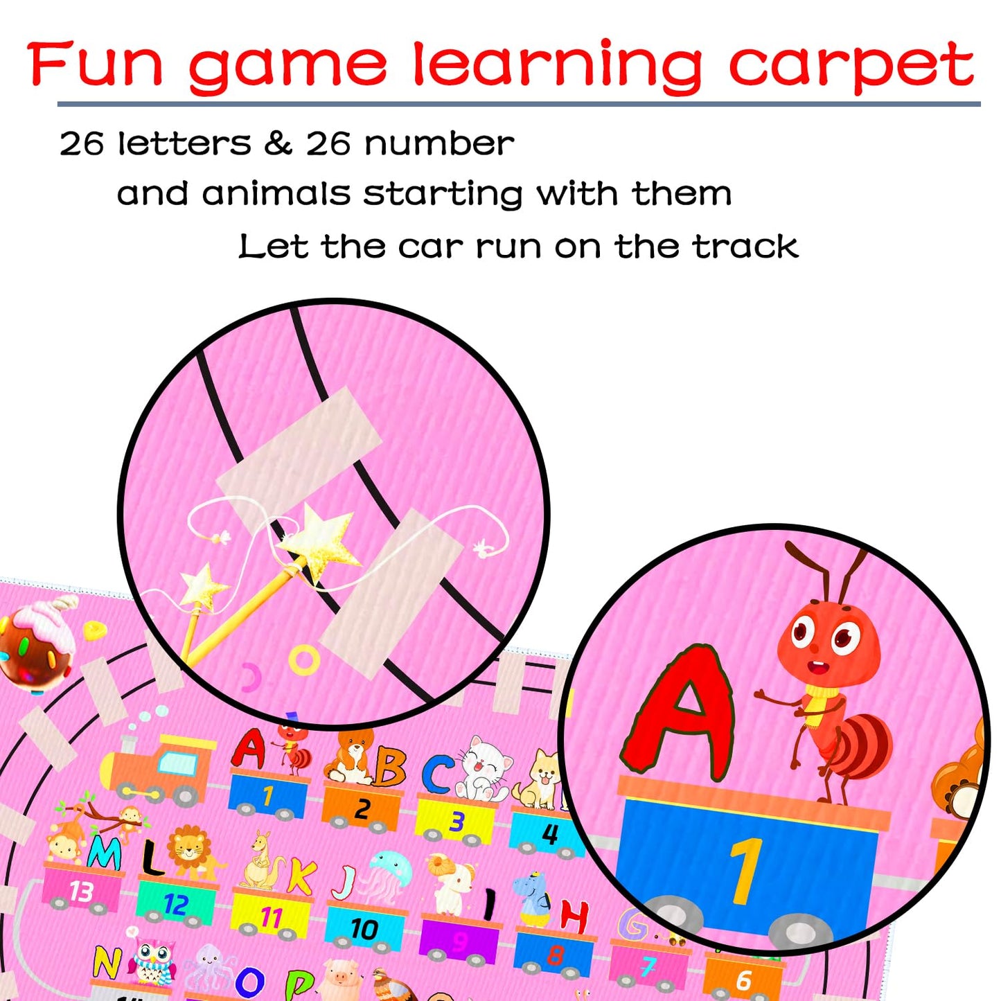 DoRlPIeY Kids ABC Pink Play Rug, Girl Alphabet Rugs with Numbers Animal Train and Road Shapes Learning Fun Educational Carpet, Playmat for Kid Bedroom Playroom(31x47 in Small Pattern)