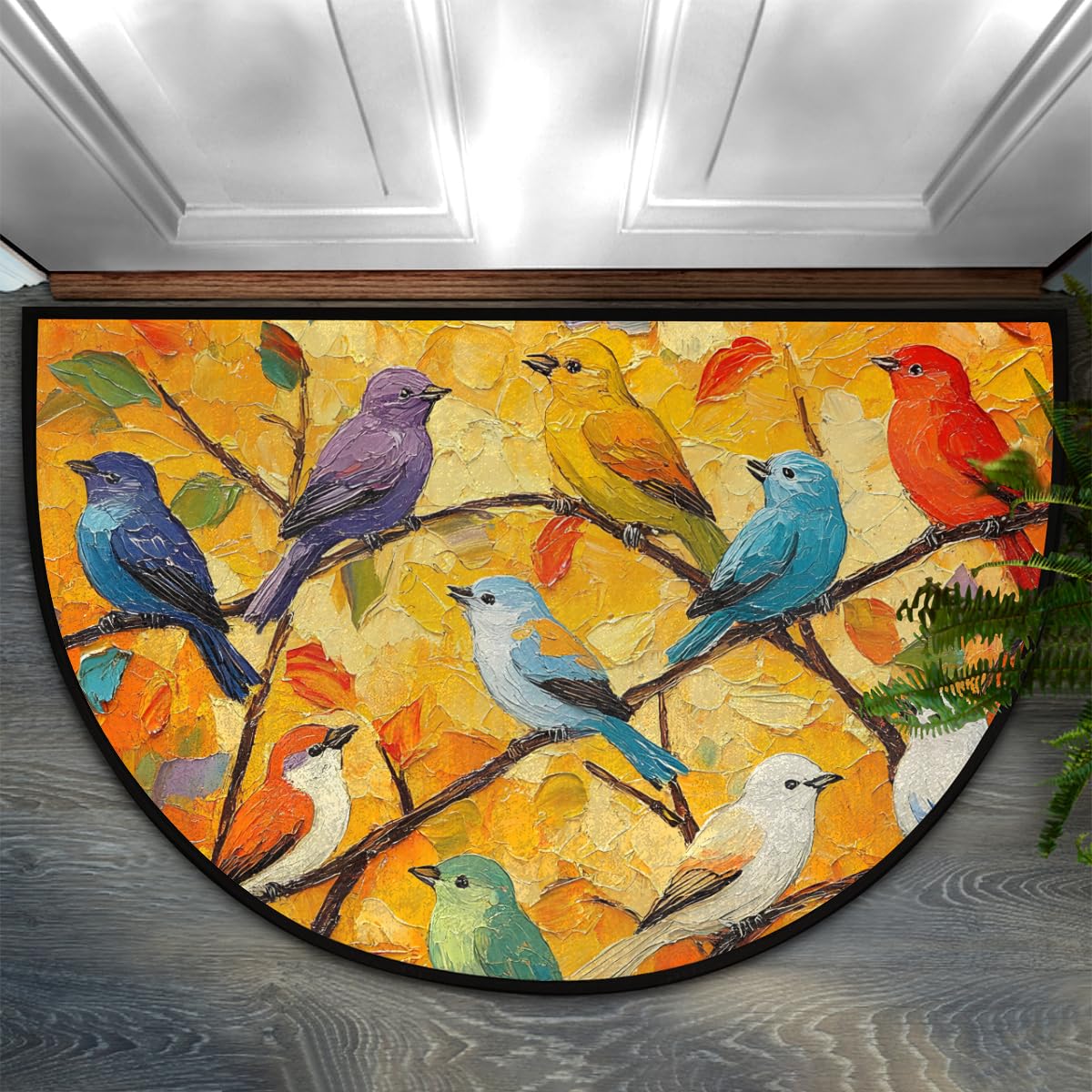 Pardick Bird Oil Painting Half Round Door Mat, Non-Slip Welcome Indoor Entrance Way Rug Semi Circle Front Doormats Washable Bathroom Kitchen Floor Mat, Outdoor Rugs for Garage, Patio, Hearth Rug
